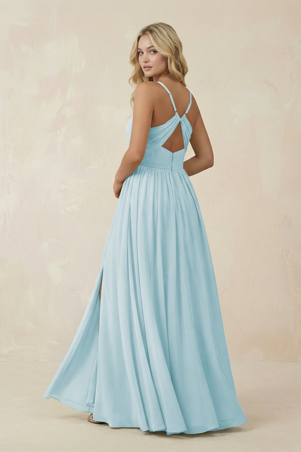 V - Neck Spaghetti Strap A - Line Chiffon Bridesmaid Dress in Sky Blue - KissProm Bridesmaid Dresses