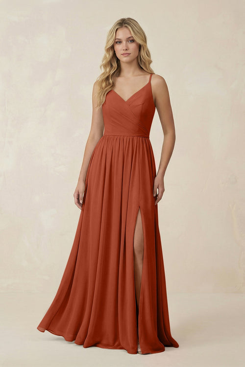 V - Neck Spaghetti Strap A - Line Chiffon Bridesmaid Dress in Spice - KissProm Bridesmaid Dresses