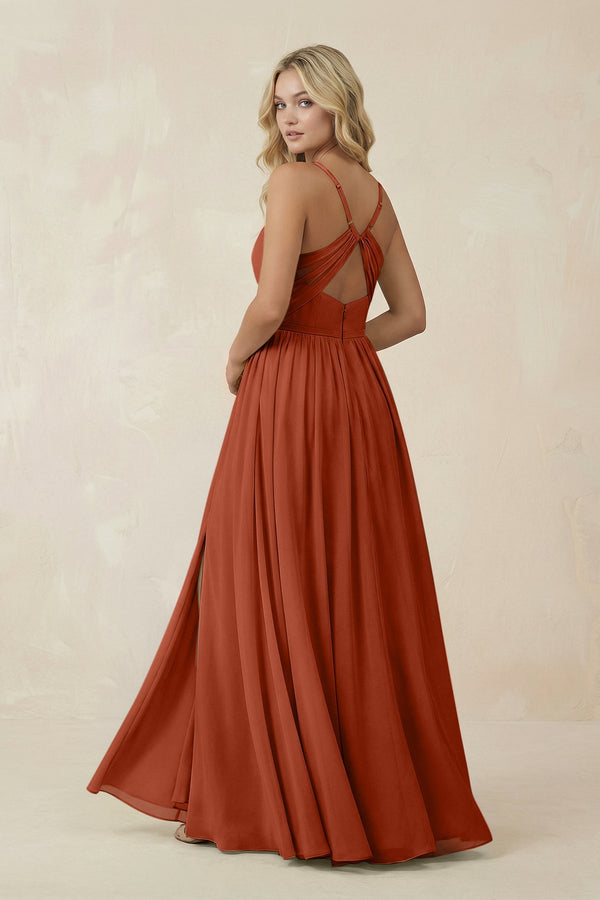 V - Neck Spaghetti Strap A - Line Chiffon Bridesmaid Dress in Spice - KissProm Bridesmaid Dresses