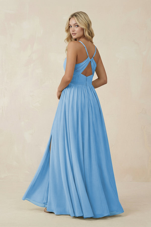 V - Neck Spaghetti Strap A - Line Chiffon Bridesmaid Dress in Steel Blue - KissProm Bridesmaid Dresses