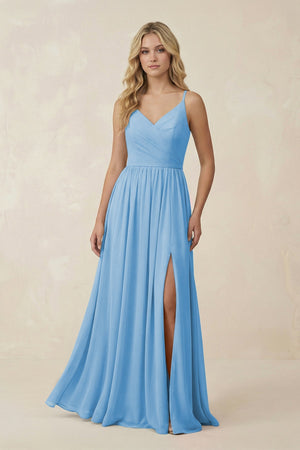 V - Neck Spaghetti Strap A - Line Chiffon Bridesmaid Dress in Steel Blue - KissProm Bridesmaid Dresses