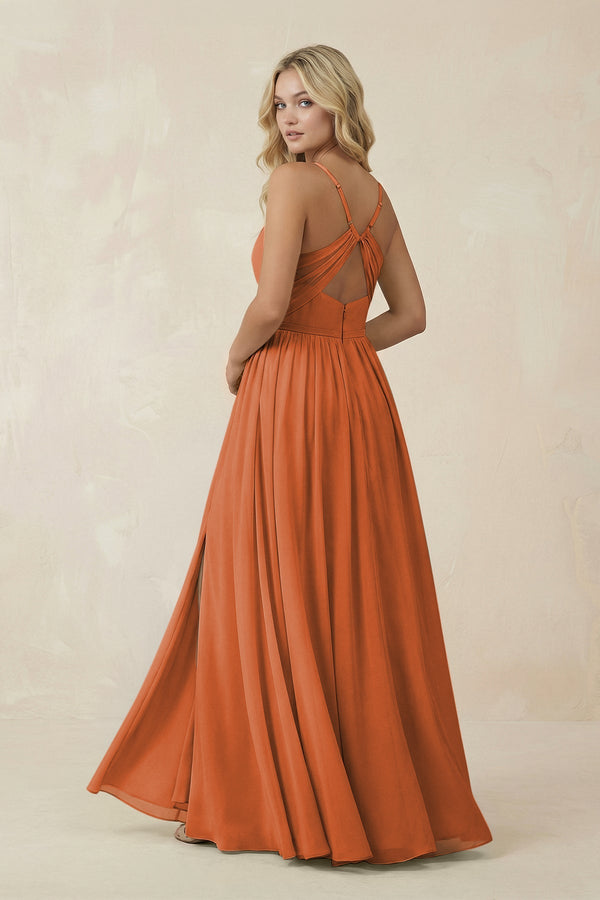 V - Neck Spaghetti Strap A - Line Chiffon Bridesmaid Dress in Terracotta - KissProm Bridesmaid Dresses
