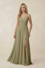 V - Neck Spaghetti Strap A - Line Chiffon Bridesmaid Dress in Thyme - KissProm Bridesmaid Dresses