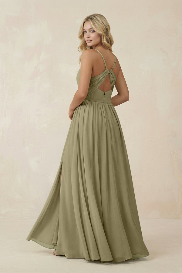 V - Neck Spaghetti Strap A - Line Chiffon Bridesmaid Dress in Thyme - KissProm Bridesmaid Dresses