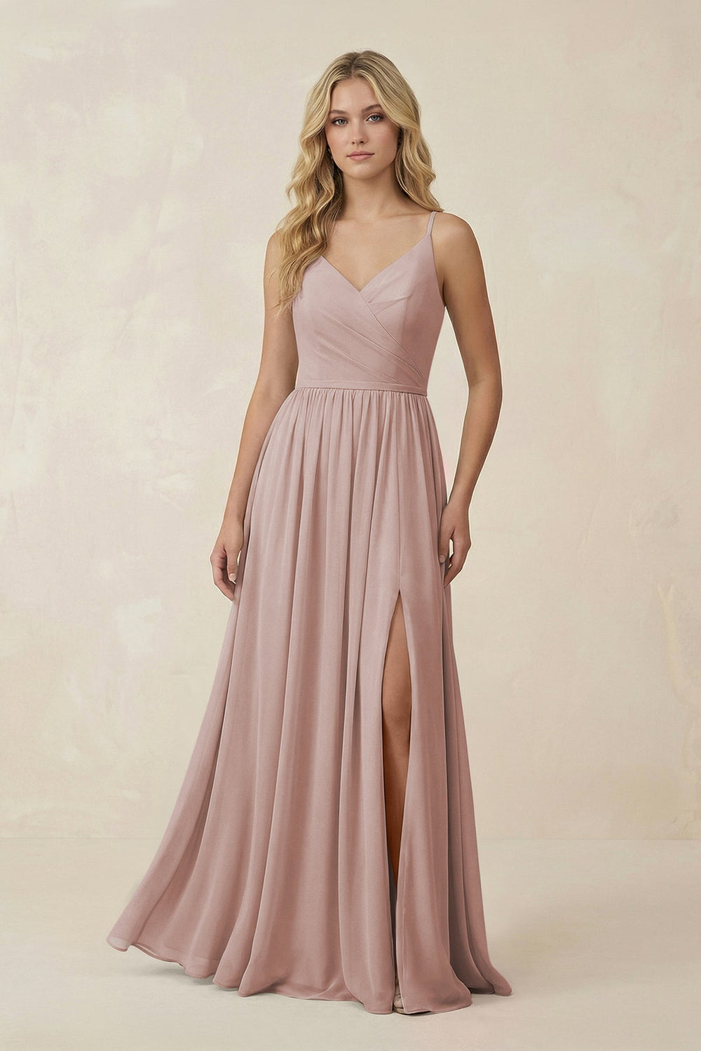 V - Neck Spaghetti Strap A - Line Chiffon Bridesmaid Dress in Toffee - KissProm Bridesmaid Dresses