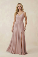 V - Neck Spaghetti Strap A - Line Chiffon Bridesmaid Dress in Toffee - KissProm Bridesmaid Dresses