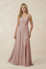 V - Neck Spaghetti Strap A - Line Chiffon Bridesmaid Dress in Toffee - KissProm Bridesmaid Dresses