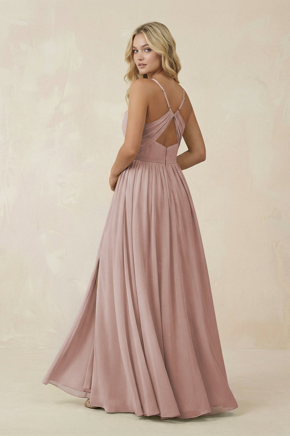 V - Neck Spaghetti Strap A - Line Chiffon Bridesmaid Dress in Toffee - KissProm Bridesmaid Dresses