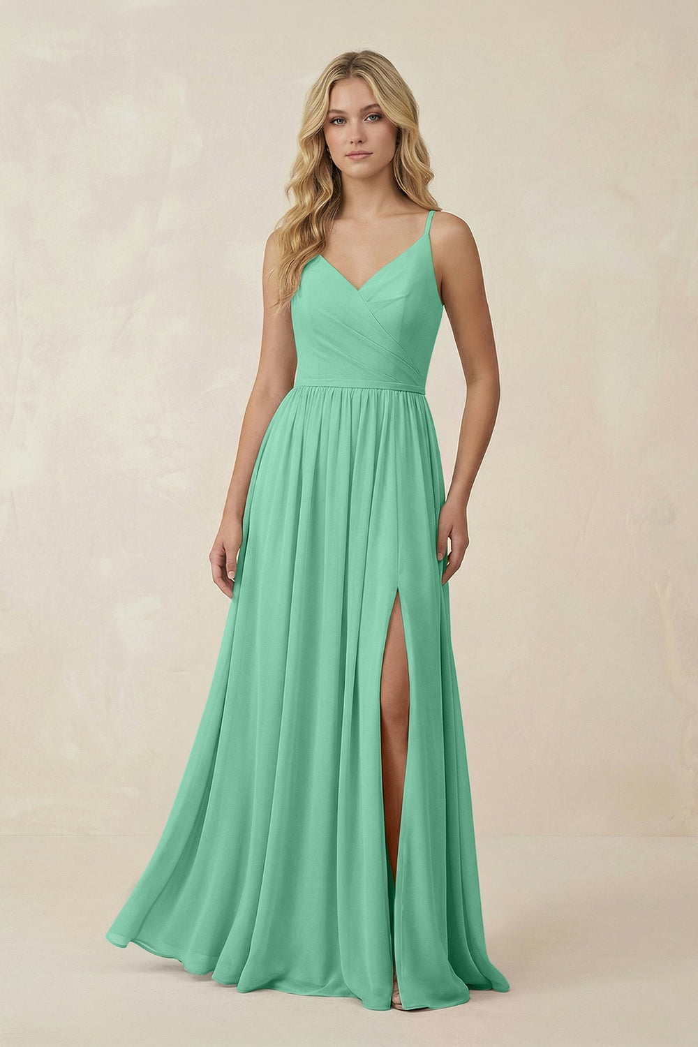 V - Neck Spaghetti Strap A - Line Chiffon Bridesmaid Dress in Turquoise - KissProm Bridesmaid Dresses
