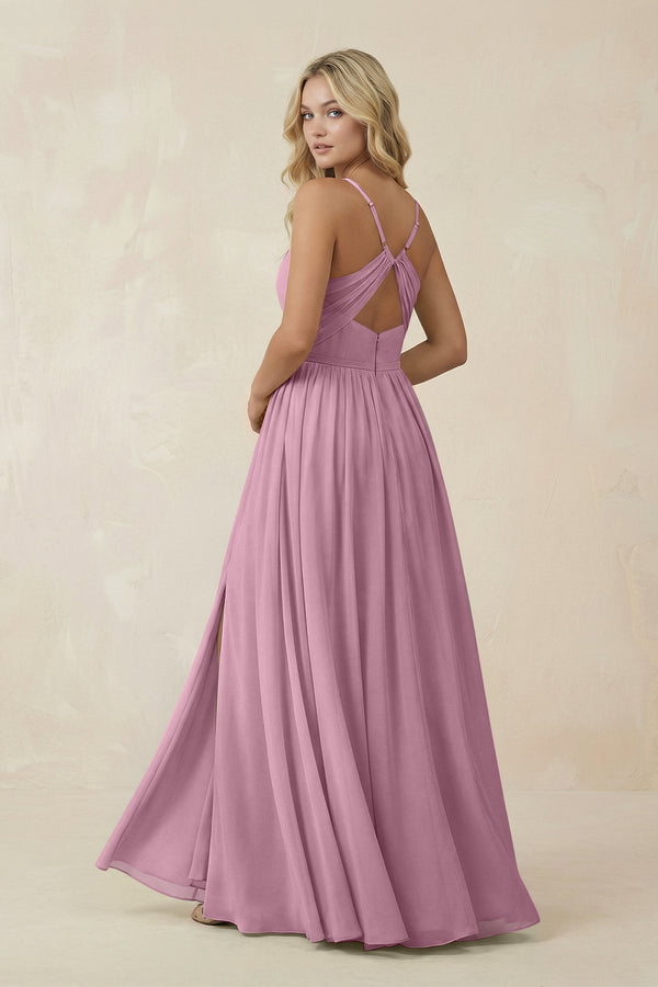 V - Neck Spaghetti Strap A - Line Chiffon Bridesmaid Dress in Vintage Mauve - KissProm Bridesmaid Dresses