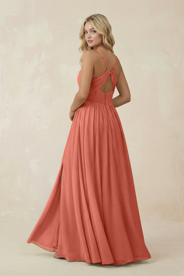 V - Neck Spaghetti Strap A - Line Chiffon Bridesmaid Dress in Wild Rose - KissProm Bridesmaid Dresses