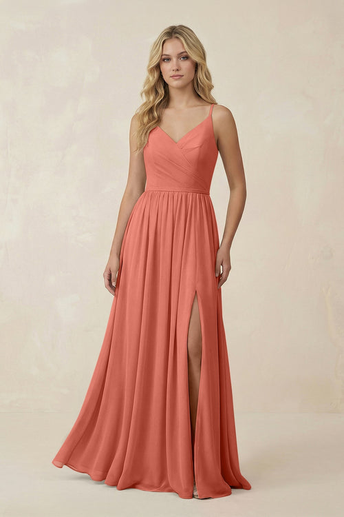 KissProm V-Neck Spaghetti Strap A-Line Chiffon Bridesmaid Dress in Wild Rose, Wild Rose / Custom Size( Free )
