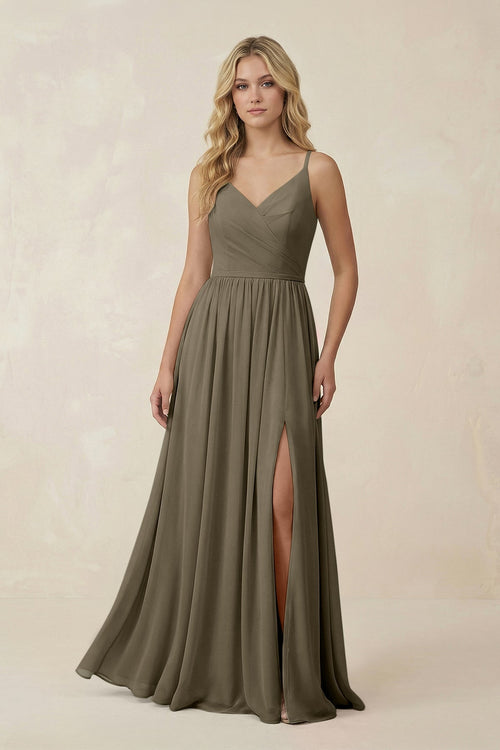 V - Neck Spaghetti Strap A - Line Chiffon Bridesmaid Dress in Willow Green - KissProm Bridesmaid Dresses