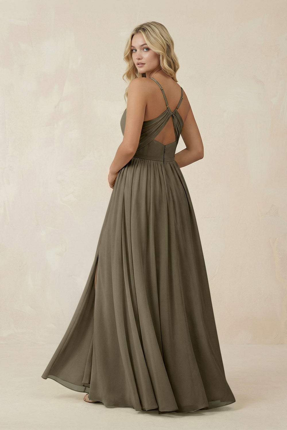 V - Neck Spaghetti Strap A - Line Chiffon Bridesmaid Dress in Willow Green - KissProm Bridesmaid Dresses