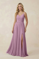 V - Neck Spaghetti Strap A - Line Chiffon Bridesmaid Dress in Wisteria - KissProm Bridesmaid Dresses