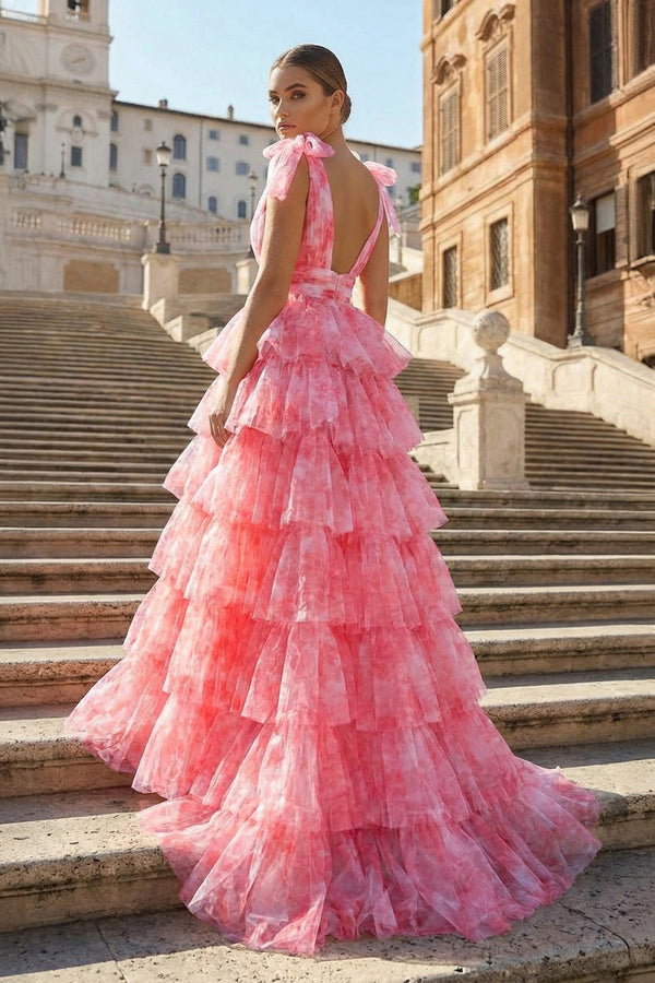 KissProm-V-Neck Tie Straps Red Floral Print Layered Long Prom Dress