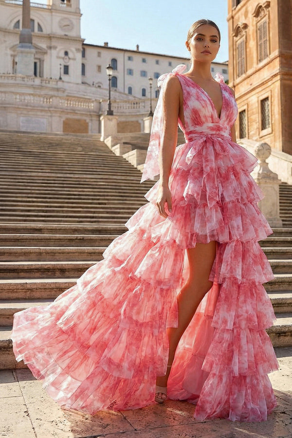 KissProm-V-Neck Tie Straps Red Floral Print Layered Long Prom Dress