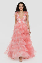 KissProm-Kylee V-Neck Tie Straps Red Floral Print Layered Long Prom Dress