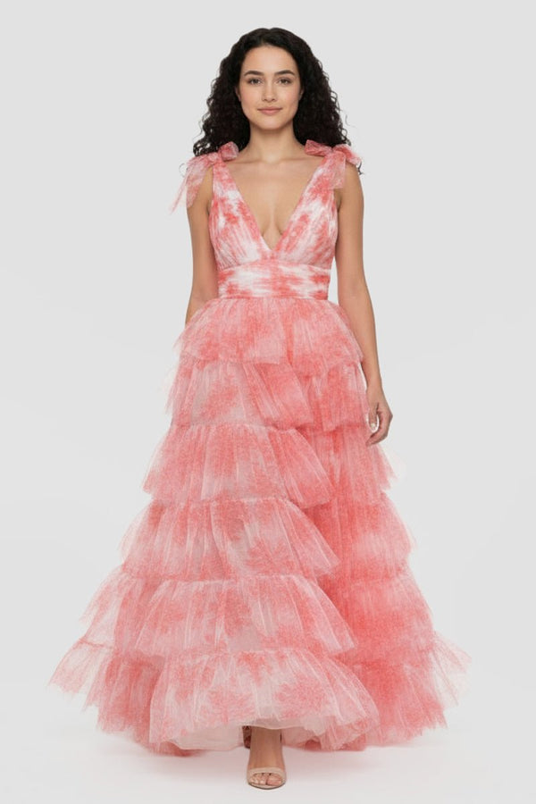 KissProm-Kylee V-Neck Tie Straps Red Floral Print Layered Long Prom Dress