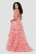 KissProm-Kylee V-Neck Tie Straps Red Floral Print Layered Long Prom Dress