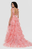 KissProm-Kylee V-Neck Tie Straps Red Floral Print Layered Long Prom Dress