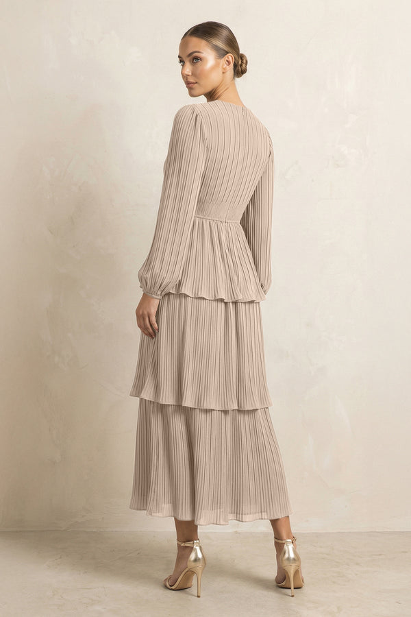 V - Neck Tiered A - Line Chiffon Midi Bridesmaid Dress in Almond - KissProm Bridesmaid Dresses