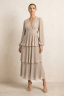 V - Neck Tiered A - Line Chiffon Midi Bridesmaid Dress in Almond - KissProm Bridesmaid Dresses