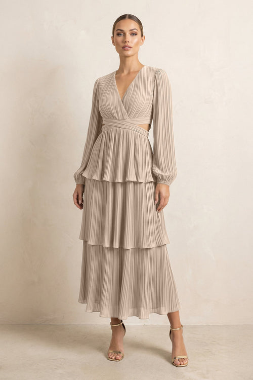 V - Neck Tiered A - Line Chiffon Midi Bridesmaid Dress in Almond - KissProm Bridesmaid Dresses