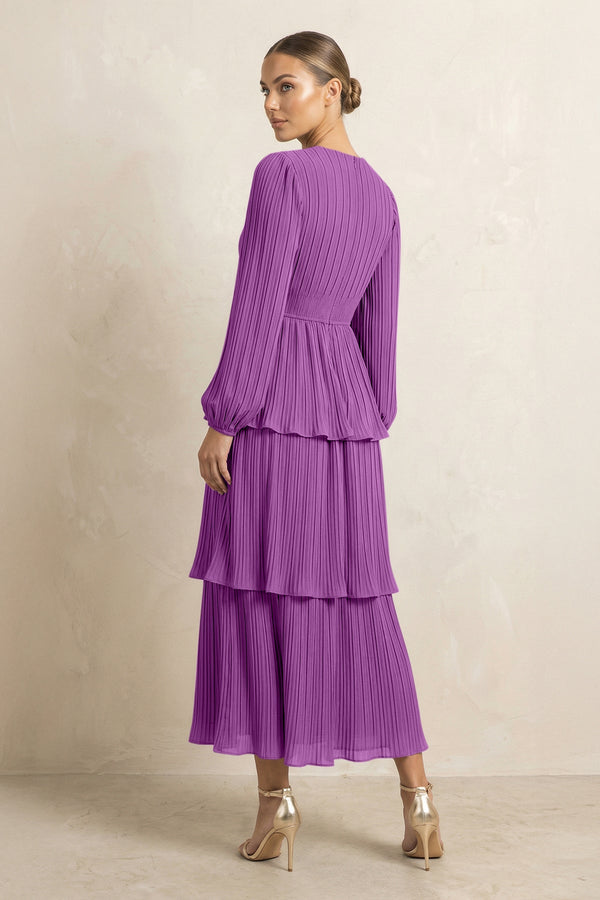V - Neck Tiered A - Line Chiffon Midi Bridesmaid Dress in Amethyst - KissProm Bridesmaid Dresses