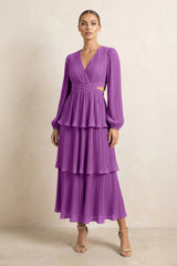 V - Neck Tiered A - Line Chiffon Midi Bridesmaid Dress in Amethyst - KissProm Bridesmaid Dresses