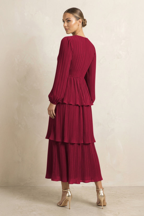 V - Neck Tiered A - Line Chiffon Midi Bridesmaid Dress in Berry - KissProm Bridesmaid Dresses