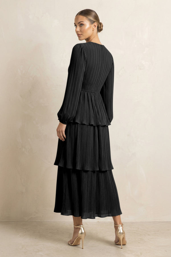 V - Neck Tiered A - Line Chiffon Midi Bridesmaid Dress in Black - KissProm Bridesmaid Dresses