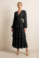 V - Neck Tiered A - Line Chiffon Midi Bridesmaid Dress in Black - KissProm Bridesmaid Dresses