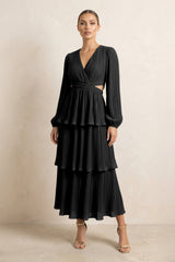 V - Neck Tiered A - Line Chiffon Midi Bridesmaid Dress in Black - KissProm Bridesmaid Dresses