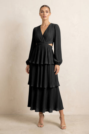 V - Neck Tiered A - Line Chiffon Midi Bridesmaid Dress in Black - KissProm Bridesmaid Dresses