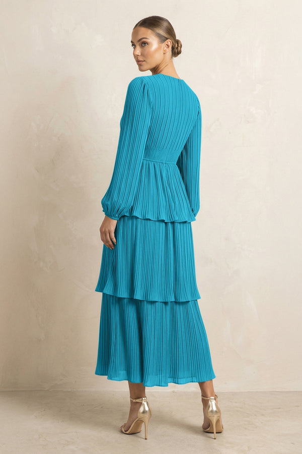 V - Neck Tiered A - Line Chiffon Midi Bridesmaid Dress in Blue Jay - KissProm Bridesmaid Dresses