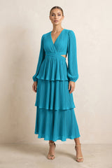 V - Neck Tiered A - Line Chiffon Midi Bridesmaid Dress in Blue Jay - KissProm Bridesmaid Dresses