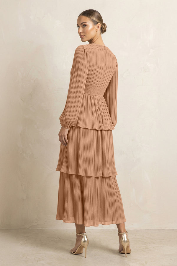 V - Neck Tiered A - Line Chiffon Midi Bridesmaid Dress in Bronzer - KissProm Bridesmaid Dresses