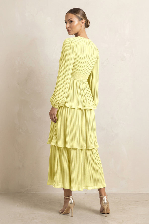 V - Neck Tiered A - Line Chiffon Midi Bridesmaid Dress in Buttercup - KissProm Bridesmaid Dresses