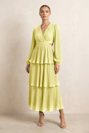 V - Neck Tiered A - Line Chiffon Midi Bridesmaid Dress in Buttercup - KissProm Bridesmaid Dresses