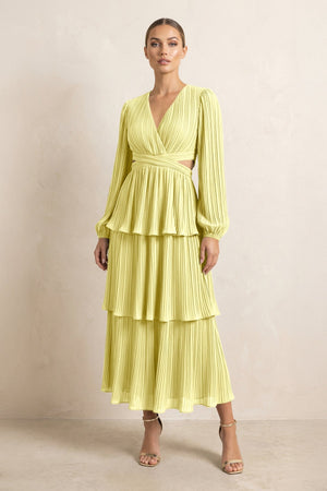 V - Neck Tiered A - Line Chiffon Midi Bridesmaid Dress in Buttercup - KissProm Bridesmaid Dresses