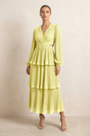 V - Neck Tiered A - Line Chiffon Midi Bridesmaid Dress in Buttercup - KissProm Bridesmaid Dresses