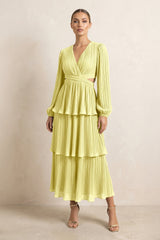 V - Neck Tiered A - Line Chiffon Midi Bridesmaid Dress in Buttercup - KissProm Bridesmaid Dresses