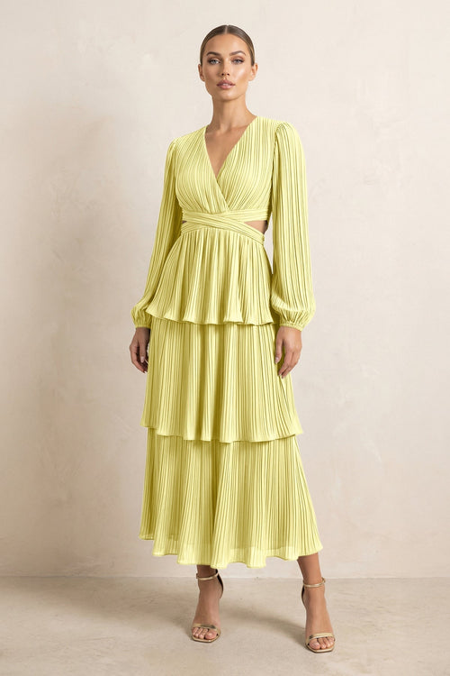 V - Neck Tiered A - Line Chiffon Midi Bridesmaid Dress in Buttercup - KissProm Bridesmaid Dresses