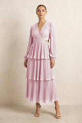 V - Neck Tiered A - Line Chiffon Midi Bridesmaid Dress in Candy Pink - KissProm Bridesmaid Dresses