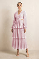 V - Neck Tiered A - Line Chiffon Midi Bridesmaid Dress in Candy Pink - KissProm Bridesmaid Dresses