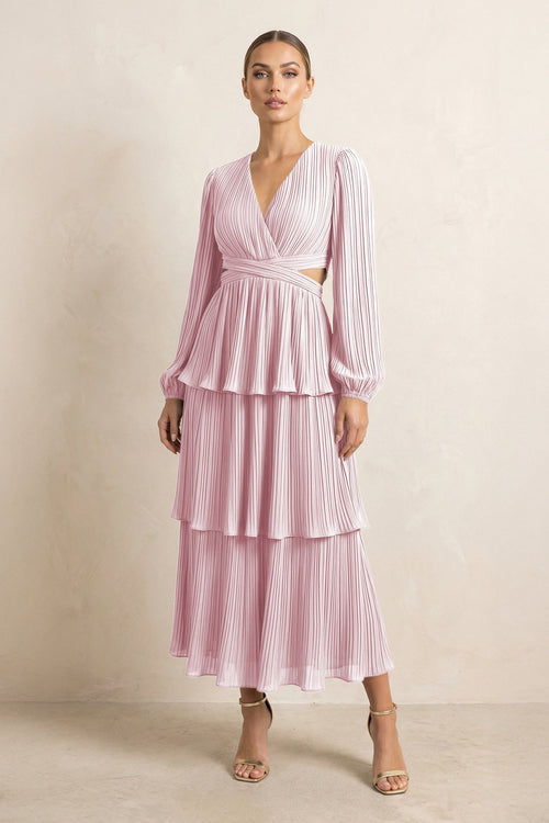 V - Neck Tiered A - Line Chiffon Midi Bridesmaid Dress in Candy Pink - KissProm Bridesmaid Dresses