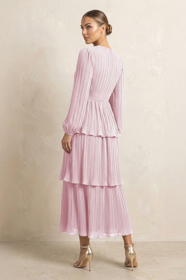 V - Neck Tiered A - Line Chiffon Midi Bridesmaid Dress in Candy Pink - KissProm Bridesmaid Dresses