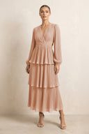 V - Neck Tiered A - Line Chiffon Midi Bridesmaid Dress in Champagne Rose - KissProm Bridesmaid Dresses