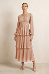 V - Neck Tiered A - Line Chiffon Midi Bridesmaid Dress in Champagne Rose - KissProm Bridesmaid Dresses